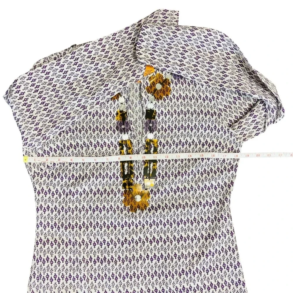 Tory Burch Sz 6 Printed Cotton And‎ Silk V Neck Tunic Top Purple Beaded Neckline